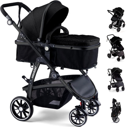 Hagaday Baby Stroller, 2-in-1 Reversible Toddler Seat with Bassinet Mode, Foldable Infant Stroller with Canopy, One Button Brake, Adjustable Handle, Newborn Pushchair(Blue)