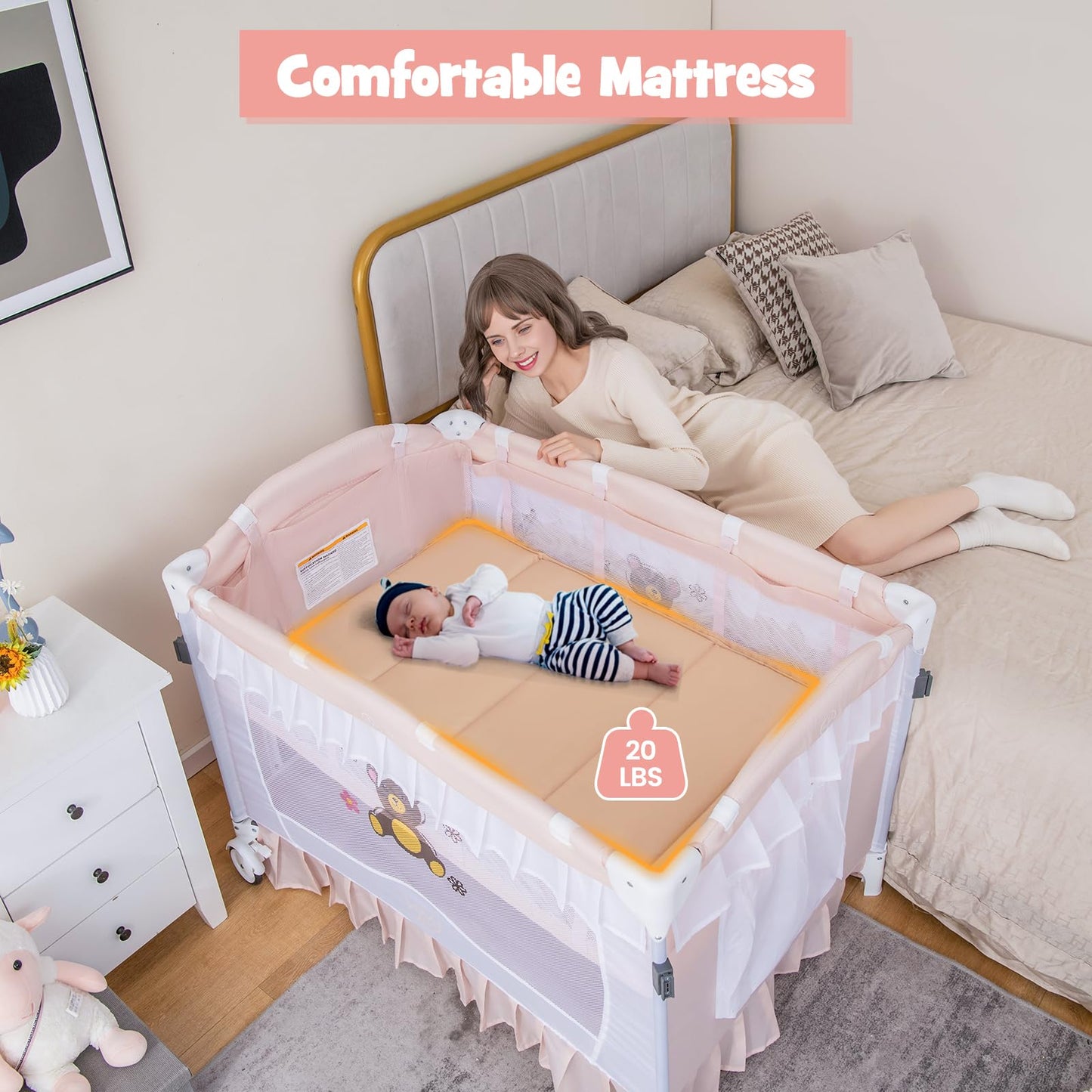 BABY JOY 4 in 1 Pack and Play with Canopy, Portable Baby Playard with Bassinet, Double-Layer Baby Crib, Wheels & Brake, Foldable Baby Girl Pink Princess Bassinet from Newborn to Toddler