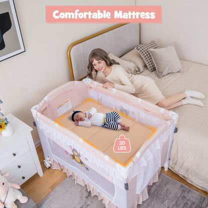 BABY JOY 4 in 1 Pack and Play with Canopy, Portable Baby Playard with Bassinet, Double-Layer Baby Crib, Wheels & Brake, Foldable Baby Girl Pink Princess Bassinet from Newborn to Toddler