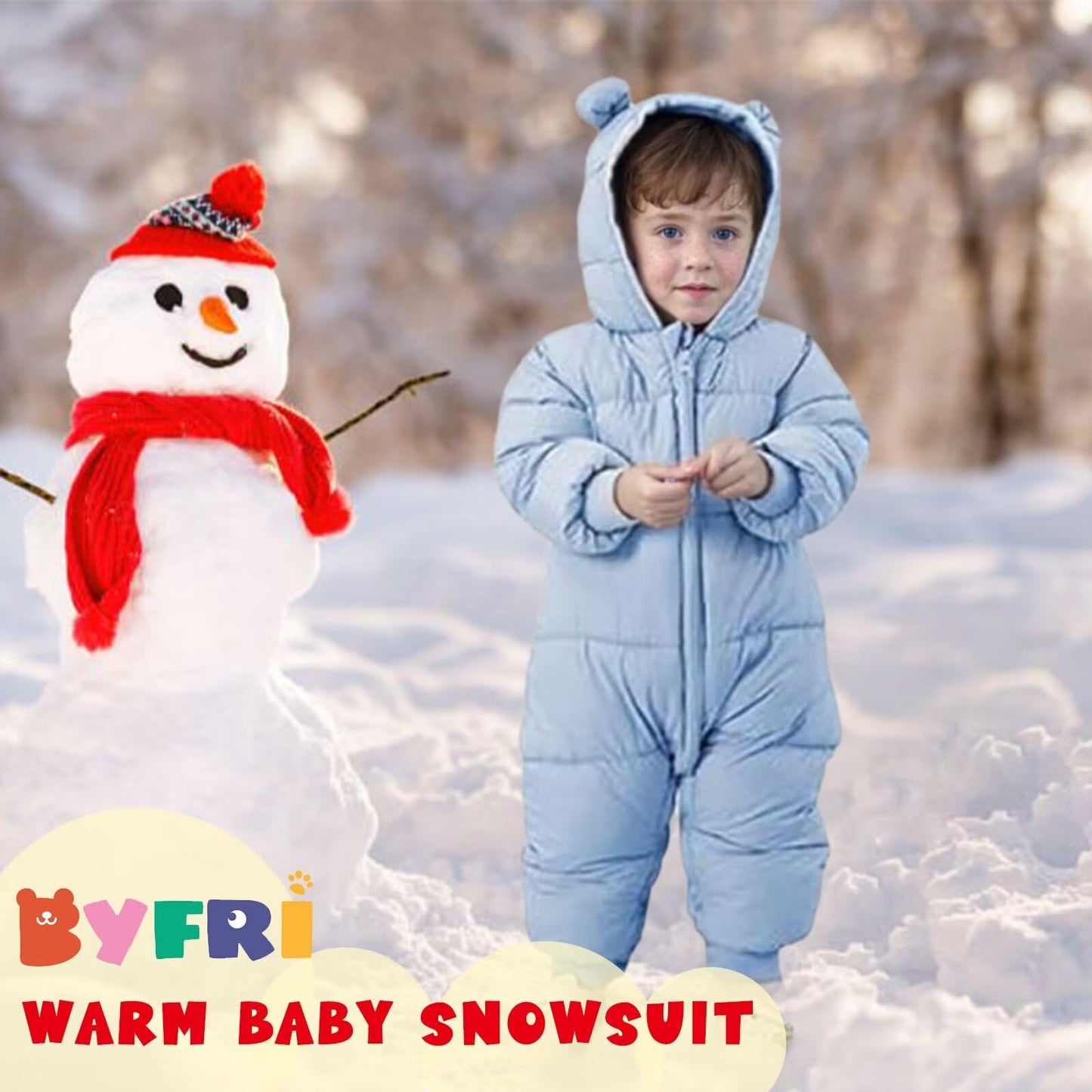 BYFRI Baby Boys Girls Snowsuit Newborn Cozy Winter Coat Infant Bear Hooded Jumpsuit Toddler Snow Outfit for 0-24 Months