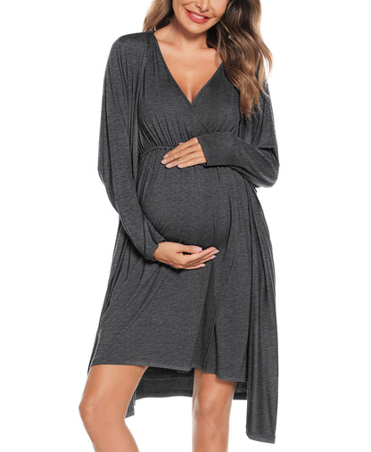 SWOMOG Women Maternity Nursing Gown and Robe Set 3 in 1 Labor Delivery Nursing Nightgown for Breastfeeding Hospital Bathrobe