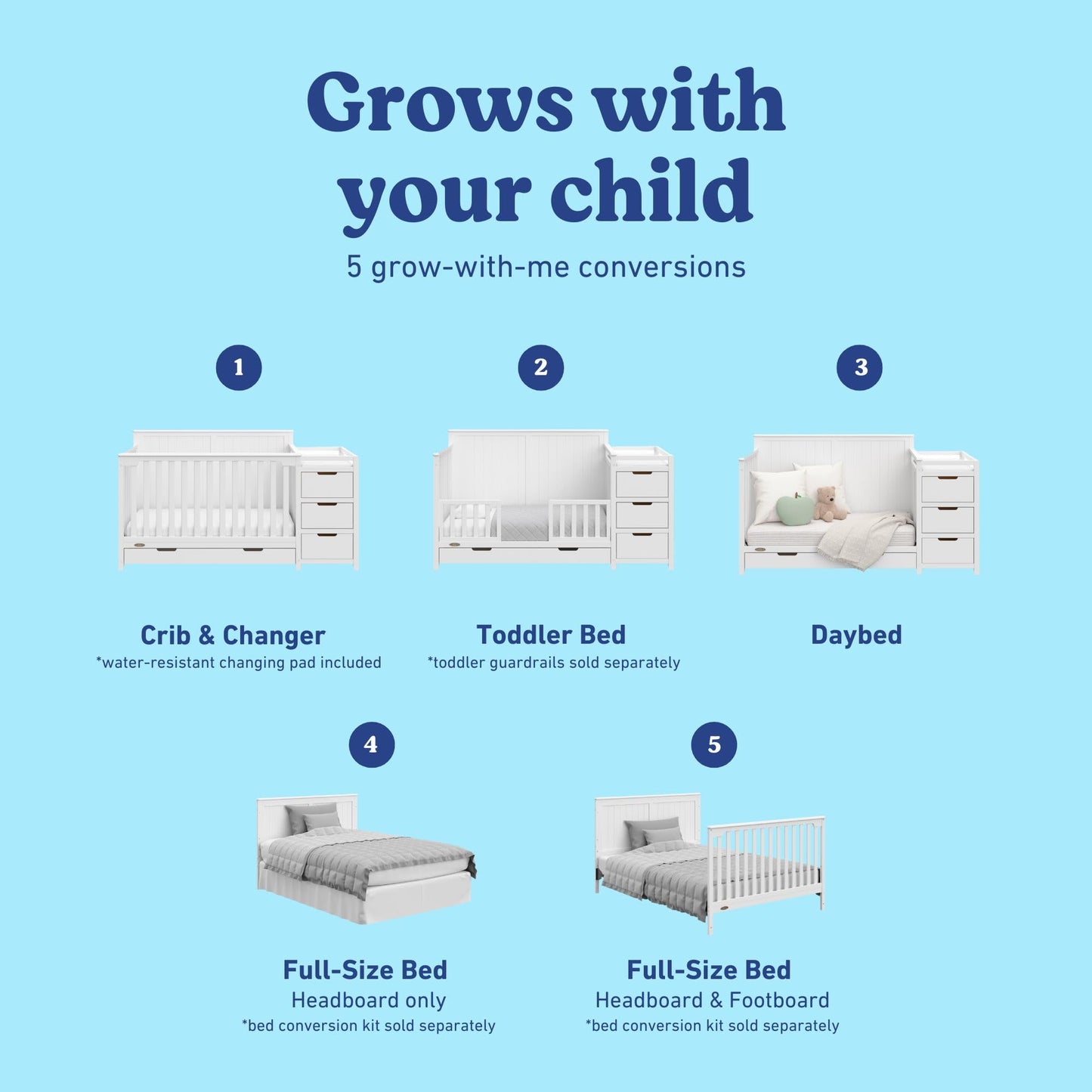Graco Hadley 5-in-1 Convertible Crib & Changer – GREENGUARD Gold Certified, Fits Standard Crib Mattress, Converts to Toddler Bed and Full Bed, 4 Adjustable Mattress Heights (Pebble Gray)