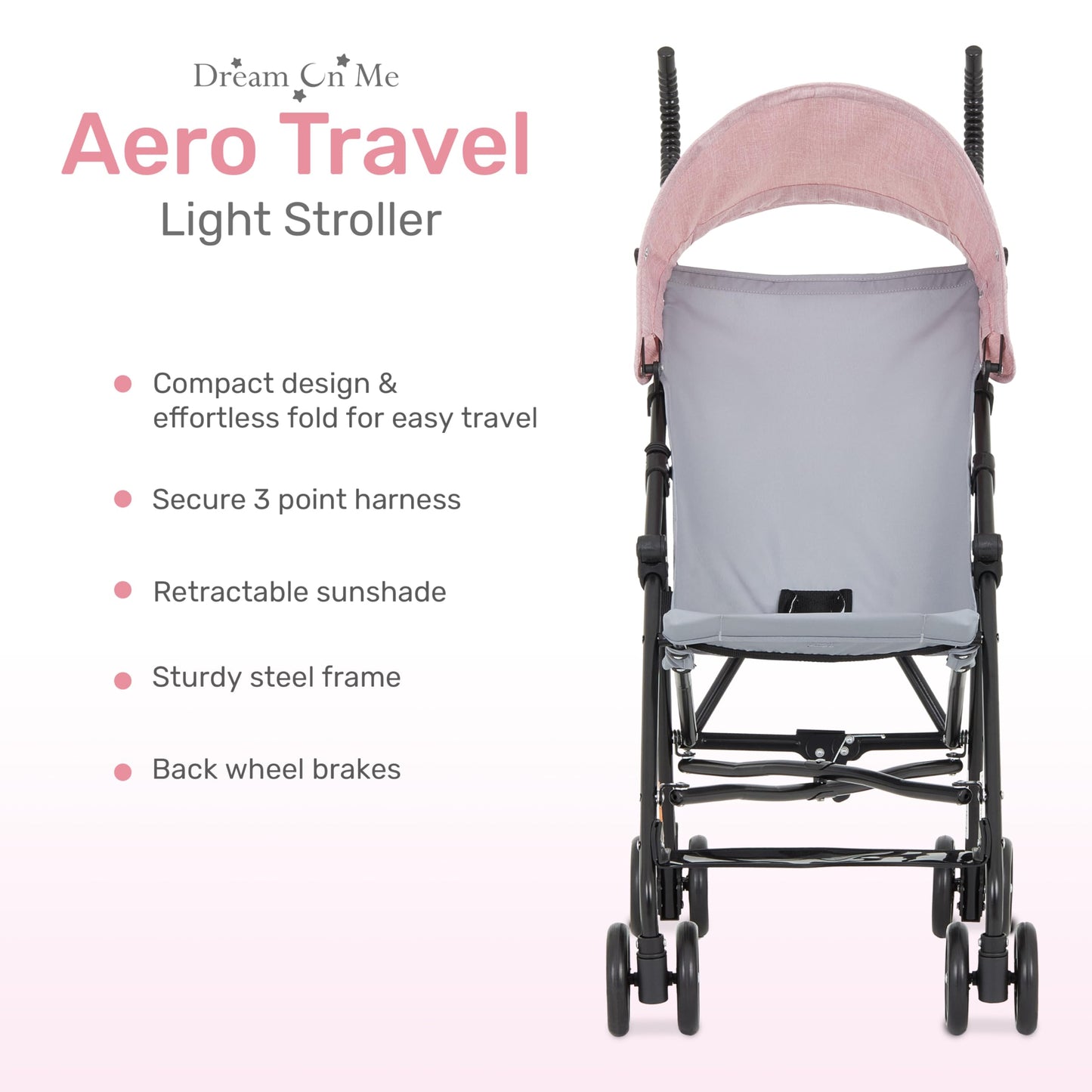 Dream On Me Aero Travel Umbrella Stroller, One-Hand Quick Fold, 3-Point Safety Harness, Dual Brakes, Adjustable Removable Canopy, Lightweight Compact & Space-Saving for Infants and Toddlers – Black