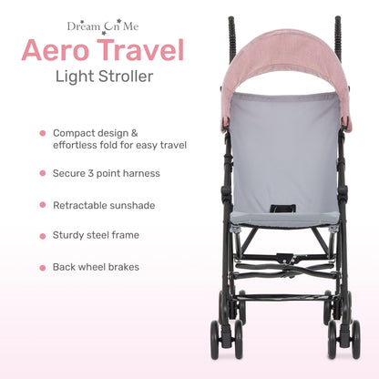 Dream On Me Aero Travel Umbrella Stroller, One-Hand Quick Fold, 3-Point Safety Harness, Dual Brakes, Adjustable Removable Canopy, Lightweight Compact & Space-Saving for Infants and Toddlers – Black
