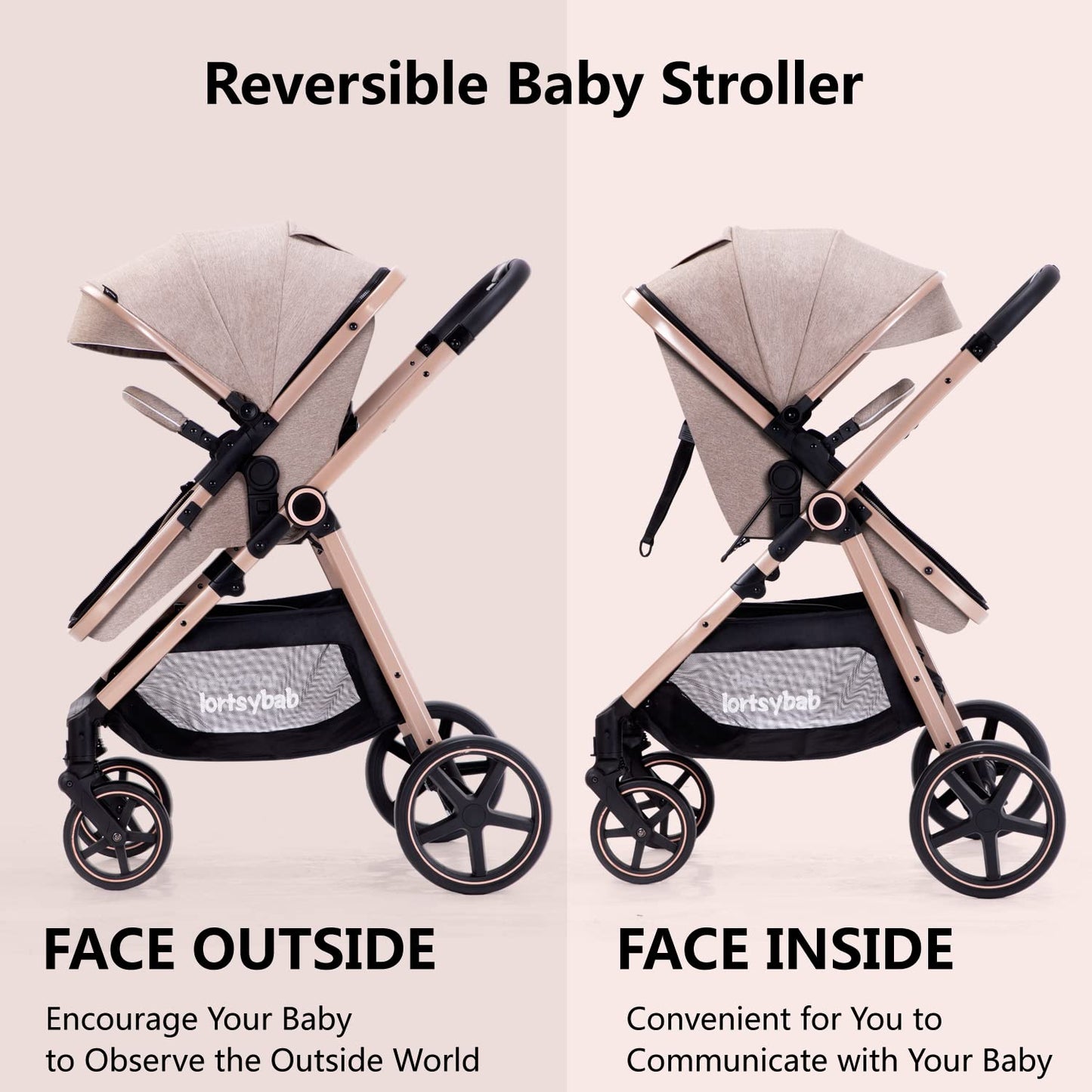 Lortsybab 2-in-1 Baby Stroller - Folding Infant Newborn Pram Stroller with Reversible Seat - Toddler Strollers for 0-36 Months Old Babies (Beige)