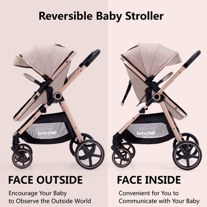 Lortsybab 2-in-1 Baby Stroller - Folding Infant Newborn Pram Stroller with Reversible Seat - Toddler Strollers for 0-36 Months Old Babies (Beige)