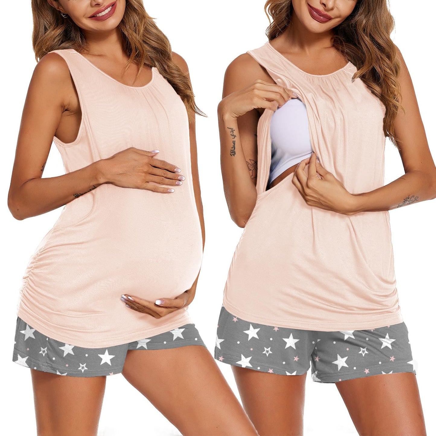 Ekouaer Women Maternity Nursing Pajama Set Breastfeeding Double Layer Pregnancy Pjs Set Sleeveless Top & Shorts with Pockets