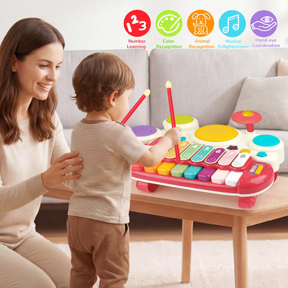 Baby Piano Drum Set for Toddlers 1-3, Musical Toys 3 In 1 Baby DJ Table Piano Keyboard Xylophone Instruments for 1 2 Year Old Boys Girls Music & Light Activity Table 6-12-18 Months Old Birthday Gifts
