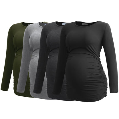 Smallshow Women's 4 Pack Maternity Shirts Long Sleeve Ruched Pregnancy Clothes Tops