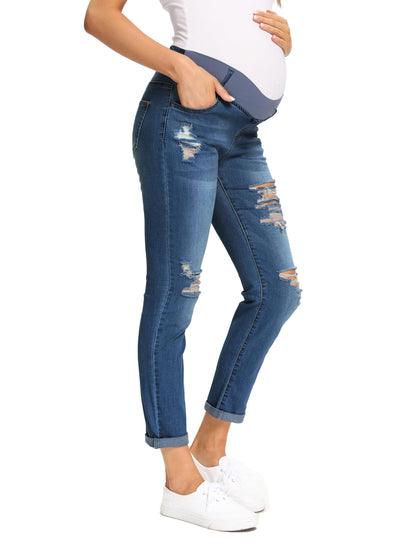 Foucome Women's Maternity Jeans Stretch Ripped Boyfriend Jeans Pregnancy Denim Pants with Pockets
