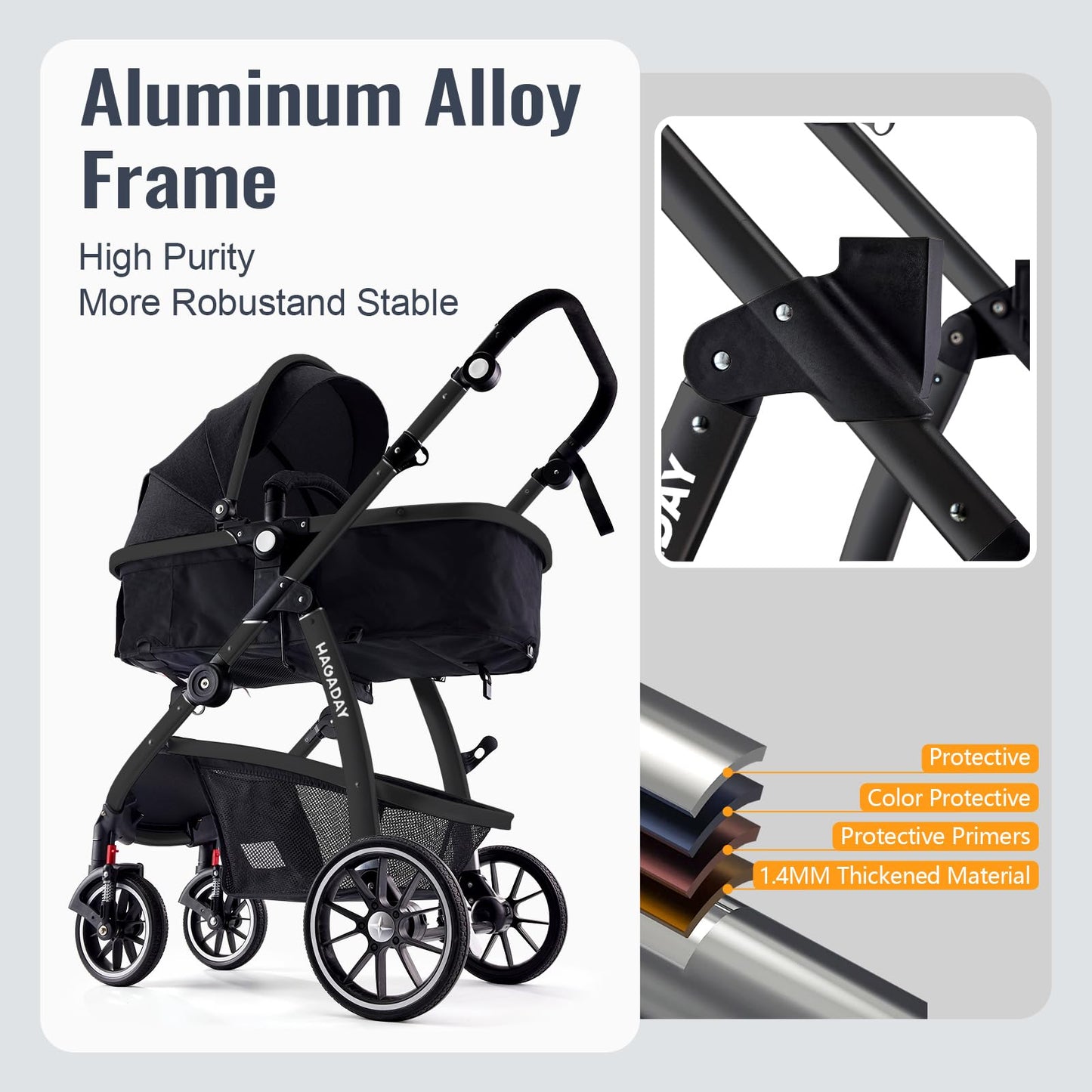 Hagaday Baby Stroller, 2-in-1 Reversible Toddler Seat with Bassinet Mode, Foldable Infant Stroller with Canopy, One Button Brake, Adjustable Handle, Newborn Pushchair(Blue)