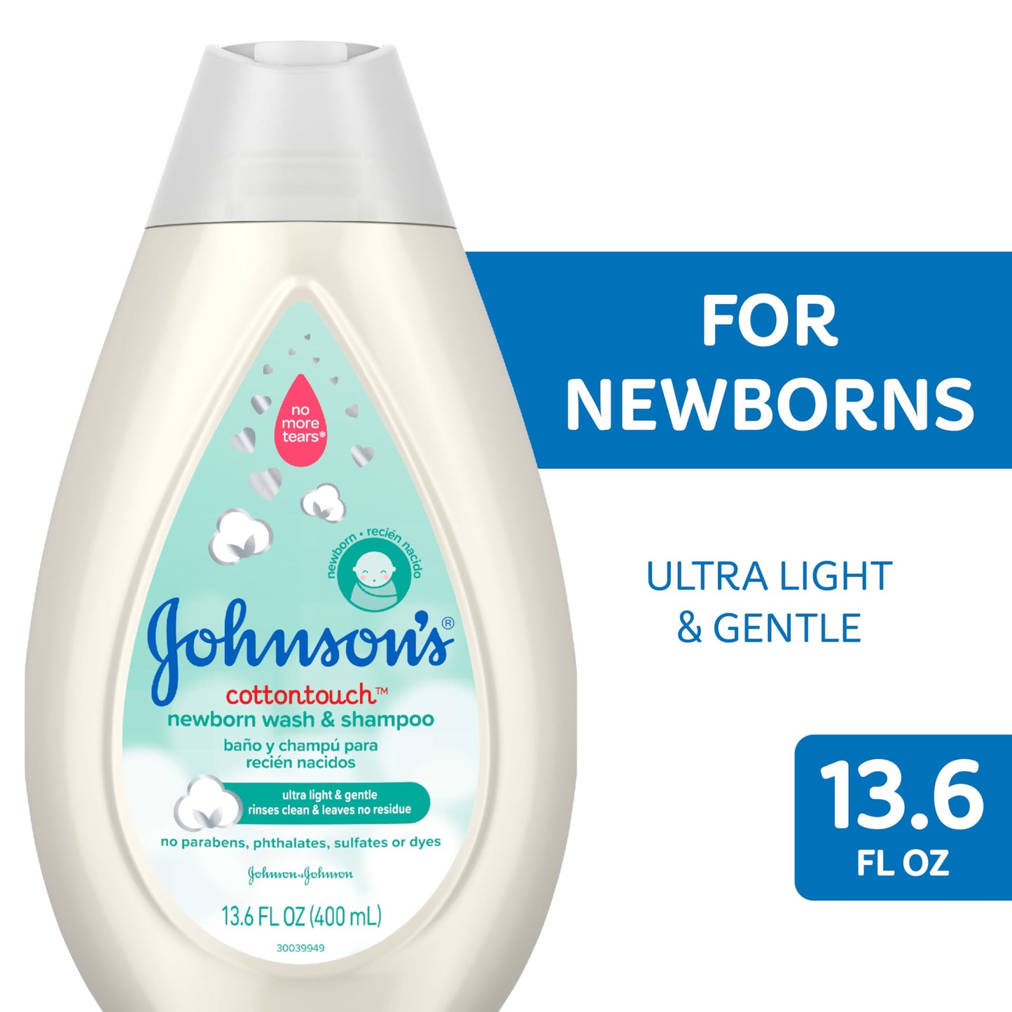 Johnson's CottonTouch Newborn Baby Body Wash & Shampoo, Gentle & Tear-Free, Made with Real Cotton, Gently Washes Away Dirt & Germs, for Sensitive Skin, Baby Essentials, 13.6 fl. oz