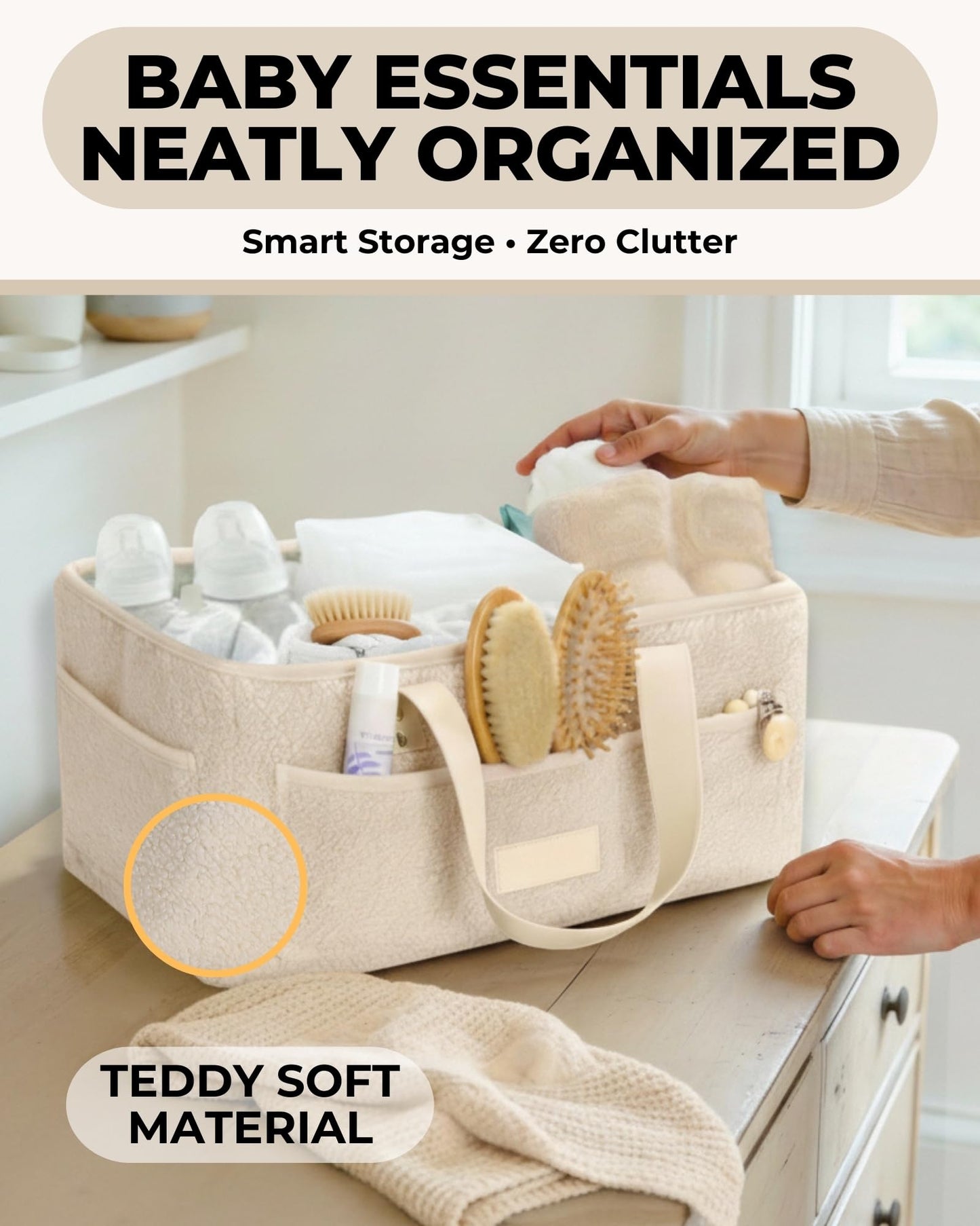 Baby Diaper Caddy Organizer with Portable Changing Mat - Teddy Fleece Diaper Organizer for Changing Table - Basket for Changing Essentials - Baby Essentials Organizer with Removable Dividers