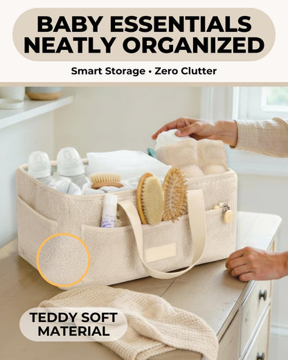 Baby Diaper Caddy Organizer with Portable Changing Mat - Teddy Fleece Diaper Organizer for Changing Table - Basket for Changing Essentials - Baby Essentials Organizer with Removable Dividers