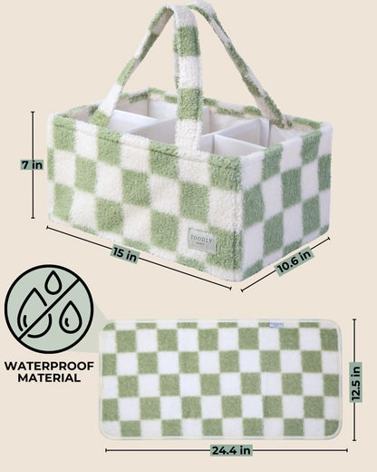 Baby Diaper Caddy Organizer with Portable Changing Mat - Teddy Fleece Diaper Organizer for Changing Table - Basket for Changing Essentials - Baby Essentials Organizer with Removable Dividers