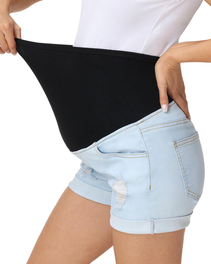 V VOCNI Maternity Denim Shorts Women's Summer High Waist Distressed Cuffed Hem Casual Denim Jean Shorts
