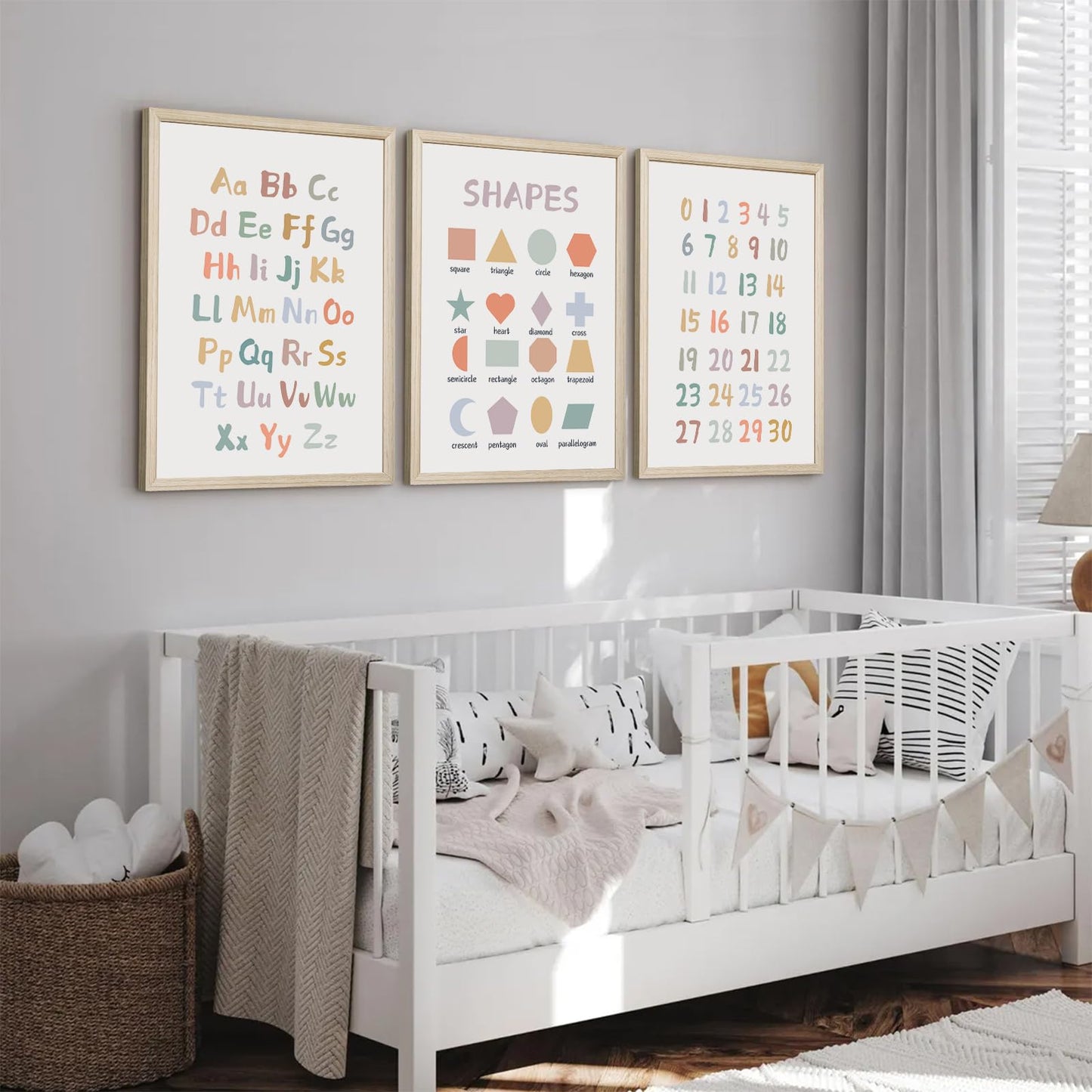 Kids Playroom Wall Art Decor Nursery ABC Alphabet Poster Play Room Canvas Wall Decor Toddler Childrens Educational Artwork Numbers Shapes Prints ABC Picture for Playroom 12x16 Inch Unframed Set of 3