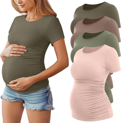 Huukeay 4 Pack Women's Maternity Shirts, Crew Neck Maternity Top Short Sleeve Casual Cotton Tee Side Ruched Pregnancy Clothes