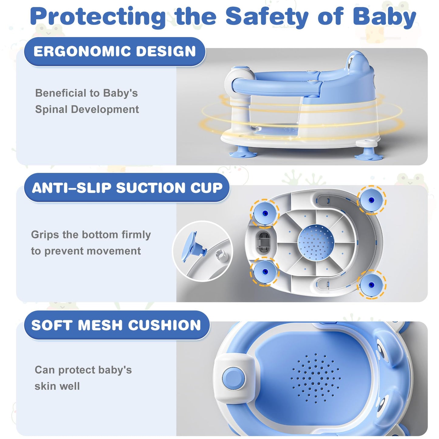 Baby Bath Seat for Babies 6 Months & up Non-Slip Toddler Bath Seats for Sitting Up Infant Bathtub Chair with Suction Cups and Soft Cushion for Baby Shower Tub Seat