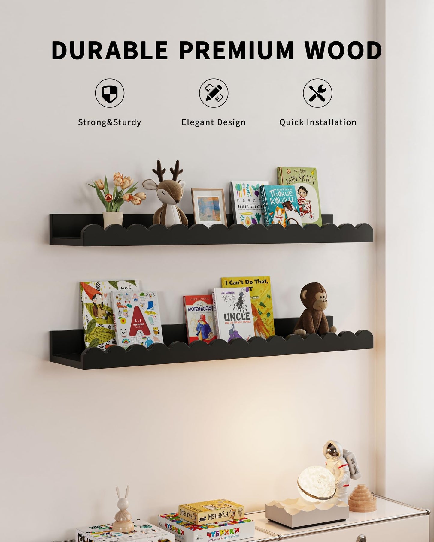 Shario Nursery Book Shelves, 4-Pack White Floating Shelves for Wall Kids, Scalloped Shelves, Wall Book Shelves for Bedroom Kids, Toddler Room, Baby Room, Nursery Decor