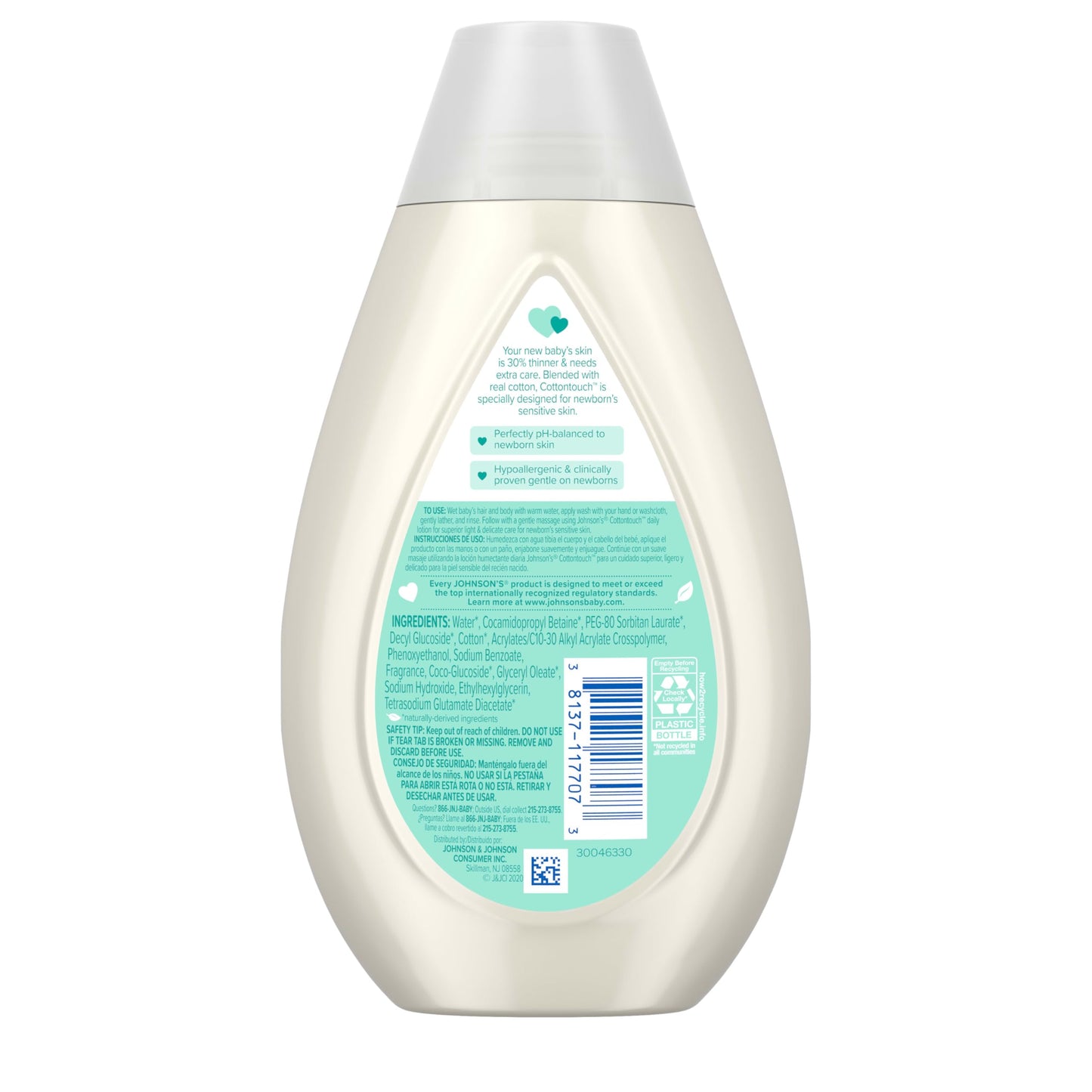 Johnson's CottonTouch Newborn Baby Body Wash & Shampoo, Gentle & Tear-Free, Made with Real Cotton, Gently Washes Away Dirt & Germs, for Sensitive Skin, Baby Essentials, 13.6 fl. oz