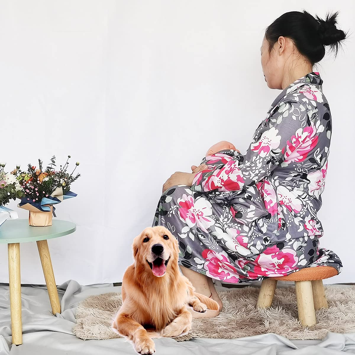 SUFEINI Maternity Robe and Matching Baby Swaddle Blanket Set, Mommy Robe with Receiving Blanket Girls Boys Sleepwear