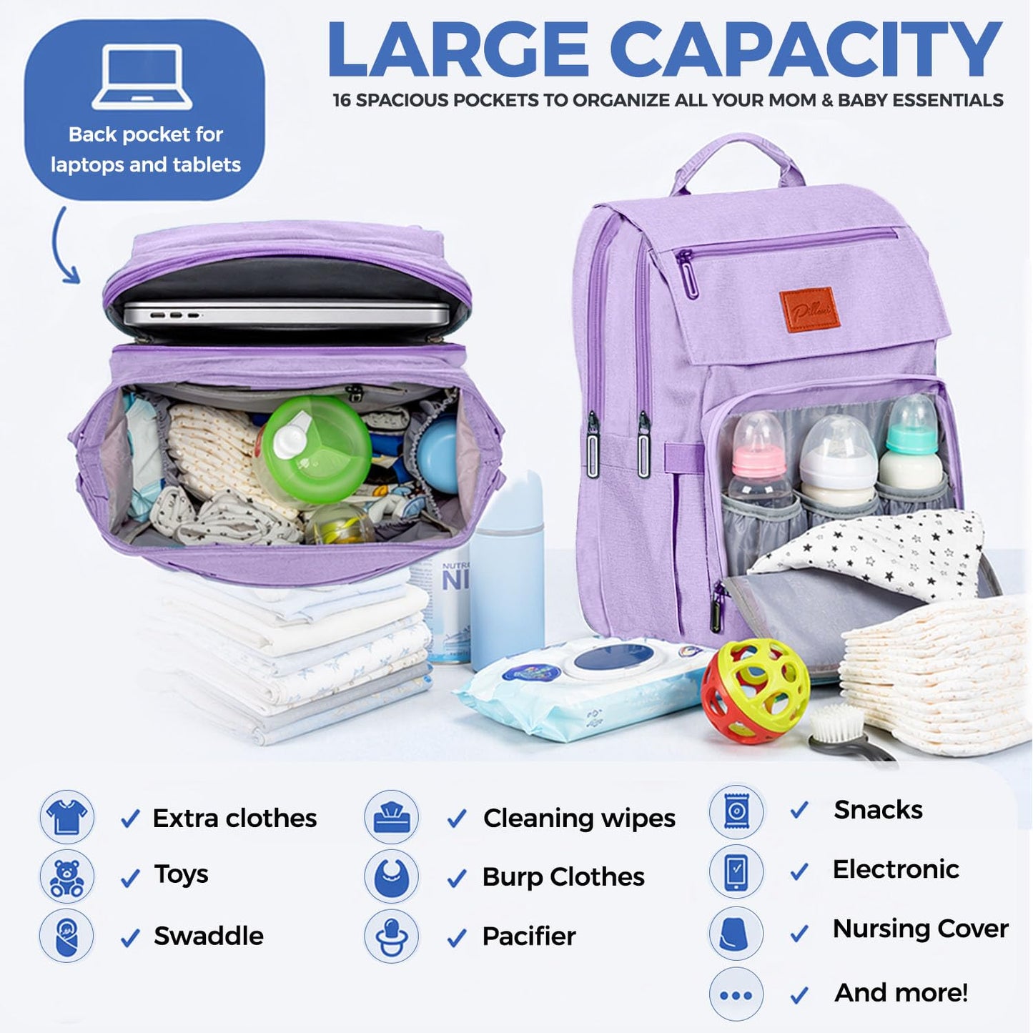 PILLANI Baby Diaper Bag Backpack - Baby Bag for Girls & Boys, Large Waterproof Toddler Diaper Backpack - Baby Shower Gifts & Registry Must Haves - Travel Diaper Bags with Changing Pad - Newborn Stuff