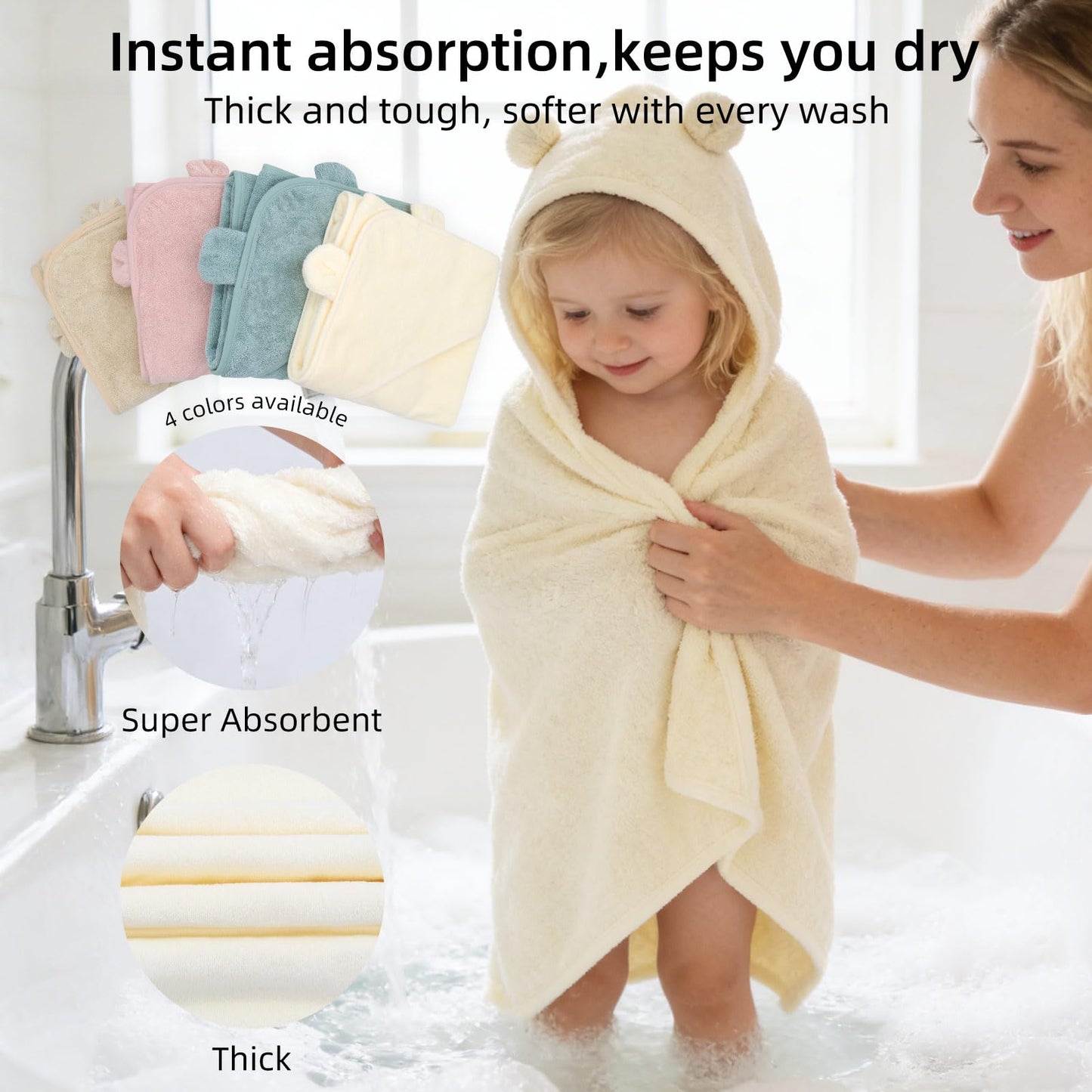 LifeTree 1 Pack Baby Hooded Towel with 1 Pack Washcloth for Newborn, 100% Cotton Bath Towel for Babies, Infant, Toddler and Kids, Thick,Soft and Absorbent, 30 * 30 Inches, Newborn Essentials, Pink