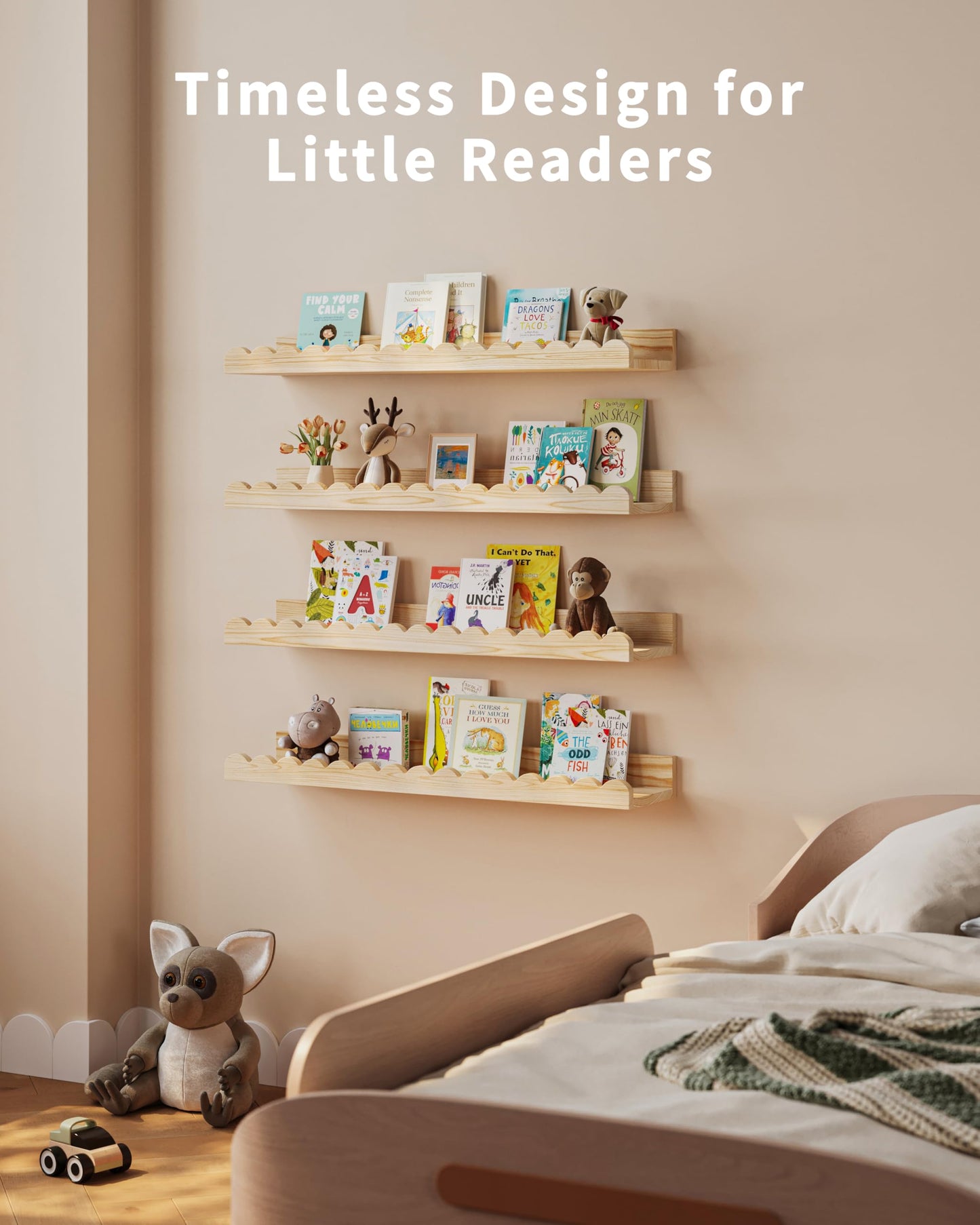 Shario Nursery Book Shelves, 4-Pack White Floating Shelves for Wall Kids, Scalloped Shelves, Wall Book Shelves for Bedroom Kids, Toddler Room, Baby Room, Nursery Decor