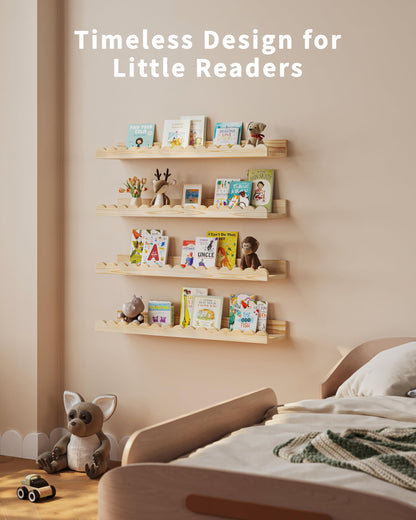 Shario Nursery Book Shelves, 4-Pack White Floating Shelves for Wall Kids, Scalloped Shelves, Wall Book Shelves for Bedroom Kids, Toddler Room, Baby Room, Nursery Decor