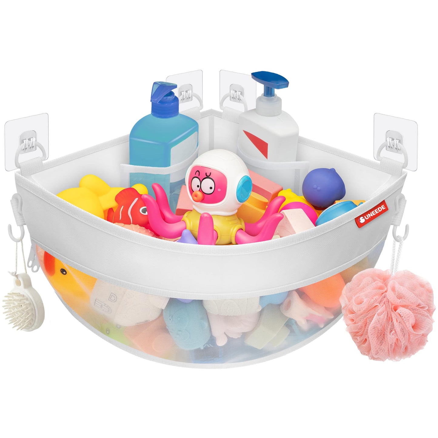 UNEEDE 4.32 Gallons Corner Mounted Bath Toy Storage Holder, Mesh Shower Caddy for Bathtub Organizer, Quick Dry Holder
