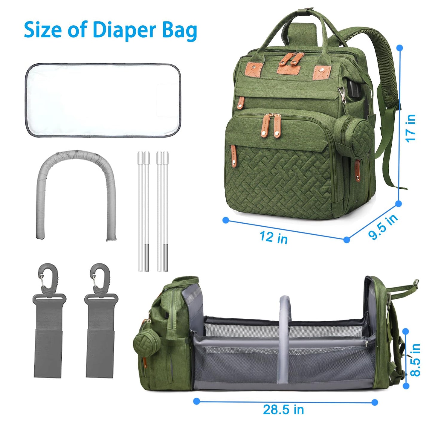 Jeryswet Baby Diaper Bags with Changing Station, Waterproof Large Capacity Diaper Bag Backpack for Moms Dads with USB Charging Port and Stroller Straps, Baby Shower Gifts, Grey