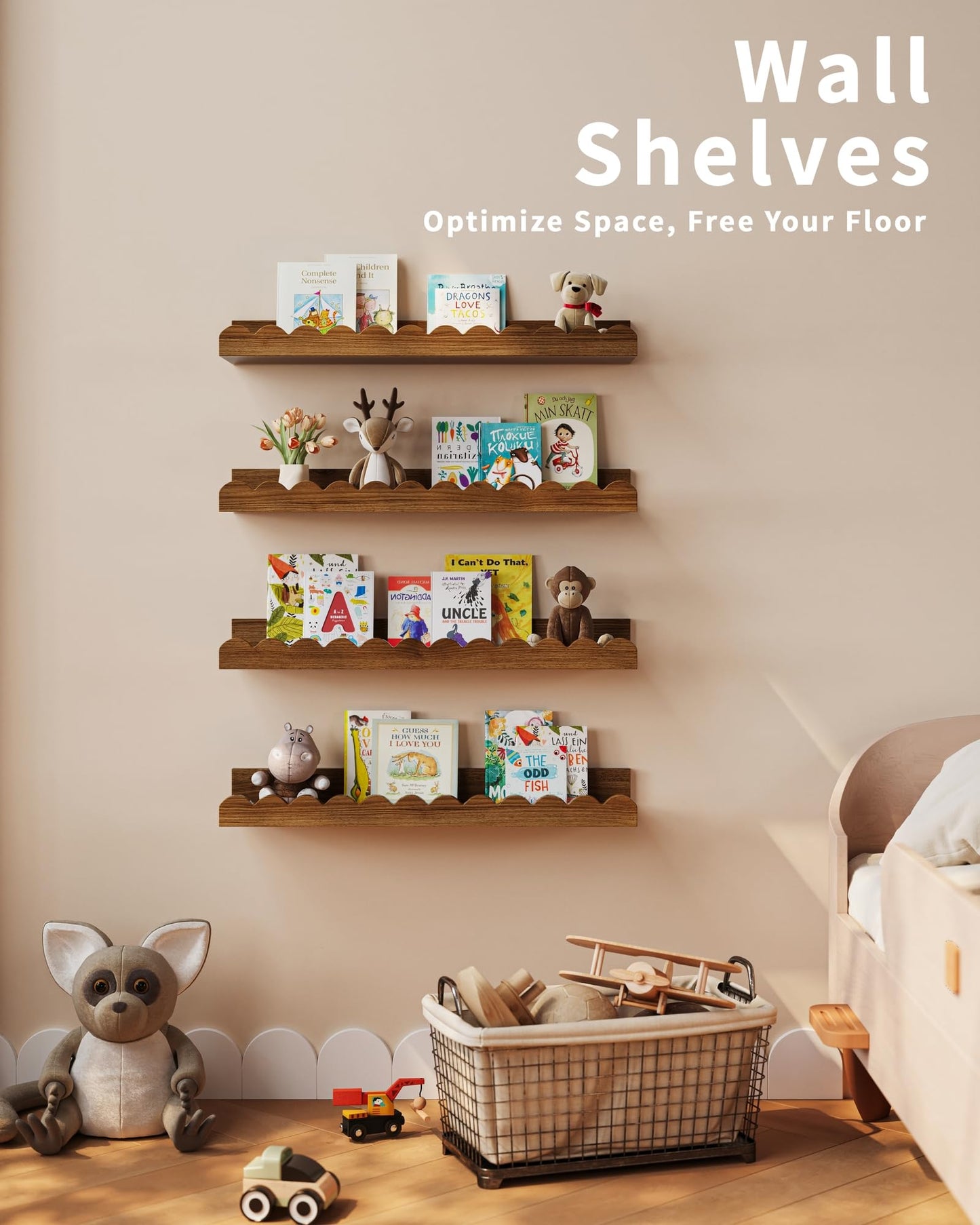 Shario Nursery Book Shelves, 4-Pack White Floating Shelves for Wall Kids, Scalloped Shelves, Wall Book Shelves for Bedroom Kids, Toddler Room, Baby Room, Nursery Decor