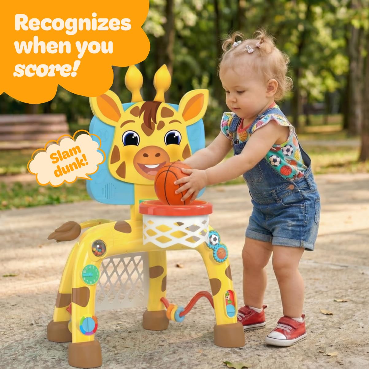 Move2Play, Dinosaur Basketball Hoop & Soccer Goal Activity Center | 30+ Sounds & Songs + 5 Lights | 1 2 3 Year Old for Boys and Girls | Toy & Gift for Baby & Toddlers