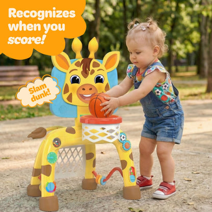 Move2Play, Dinosaur Basketball Hoop & Soccer Goal Activity Center | 30+ Sounds & Songs + 5 Lights | 1 2 3 Year Old for Boys and Girls | Toy & Gift for Baby & Toddlers