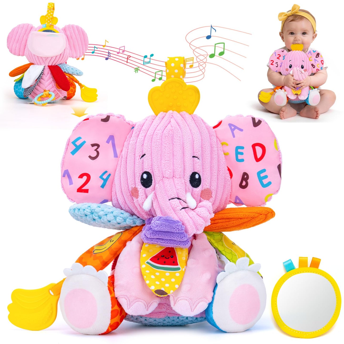 Baby Toys 3-6 Months, Musical Stuffed Elephant Toddler Toy for Newborn Infant 3 6 9 12 Months, Tummy Time Toys Montessori Sensory Toys 0-6 6-12 Months, Crinkle Paper, Mirror Soothing Music Shower Gift