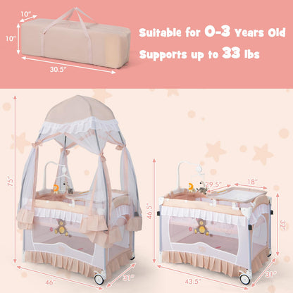 BABY JOY 4 in 1 Pack and Play with Canopy, Portable Baby Playard with Bassinet, Double-Layer Baby Crib, Wheels & Brake, Foldable Baby Girl Pink Princess Bassinet from Newborn to Toddler