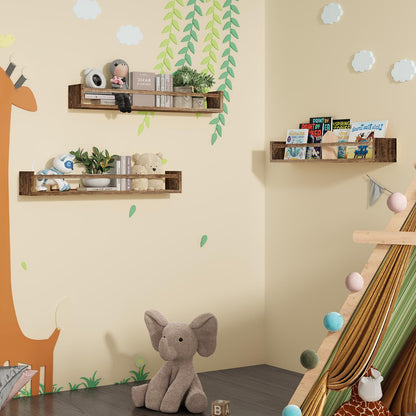 Fixwal Nursery Book Shelves, 16.5 Inch Floating Bookshelves for Wall Set of 3, Baby Nursery Decor, Solid Wood Wall Mounted Shelves for Books, Toys and Decor Storage (Brown)
