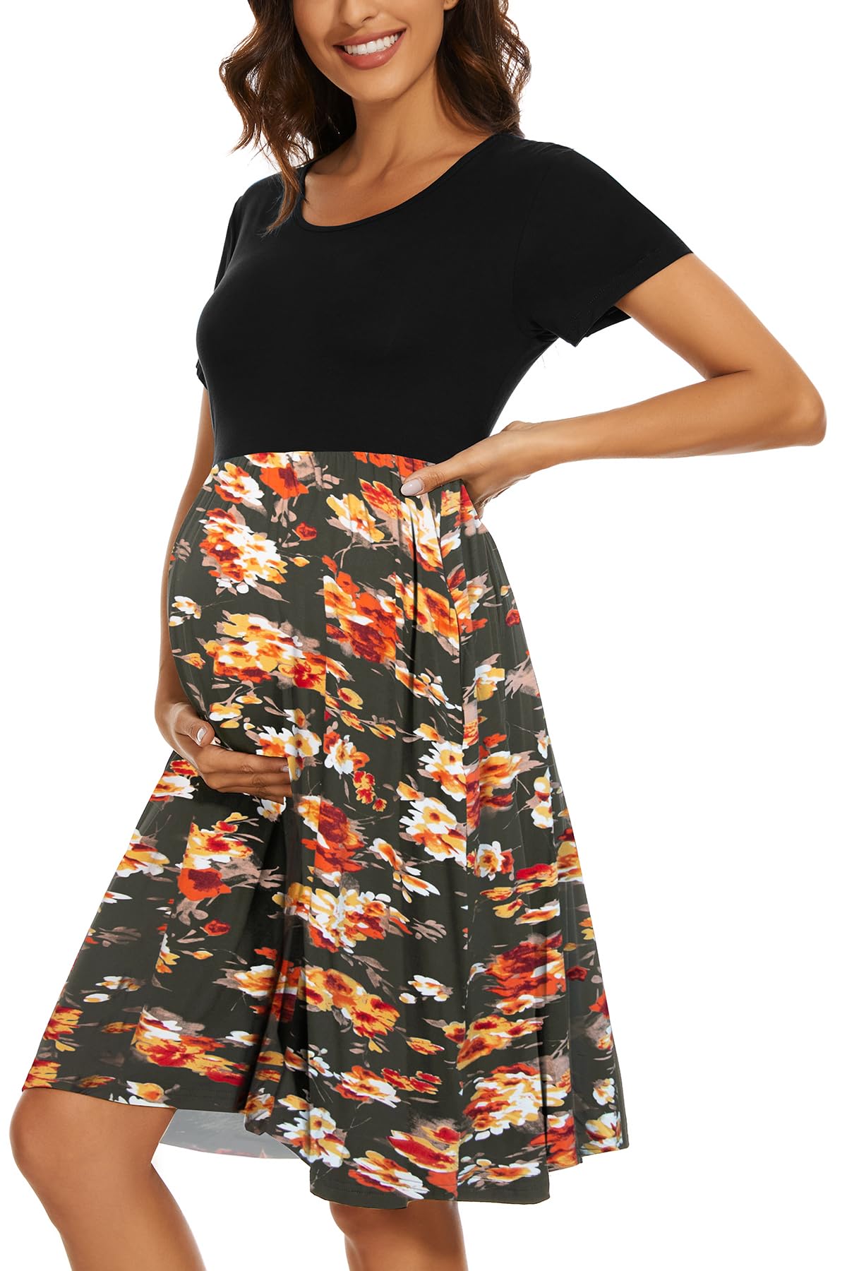 Women's Short Sleeve Maternity Dress Patchwork Pregnancy Clothes with Pockets