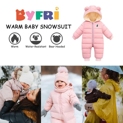 BYFRI Baby Boys Girls Snowsuit Newborn Cozy Winter Coat Infant Bear Hooded Jumpsuit Toddler Snow Outfit for 0-24 Months