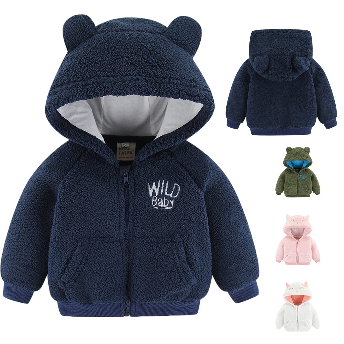 Newborn Infant Baby Boys Girls Cartoon Fleece Hooded Jacket Coat with Ears Warm Todder Kids Outwear Coat Zipper Up 0-6Y