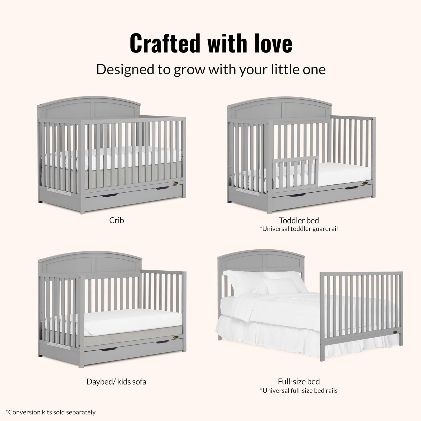 Dream On Me Storybrooke 5-in-1 Convertible Full-Size Crib with Under Drawer, White, GreenGuard Gold & JPMA, Convert to Toddler, Day & Full-Size Bed, 3 Mattress Heights, Sustainable Pinewood