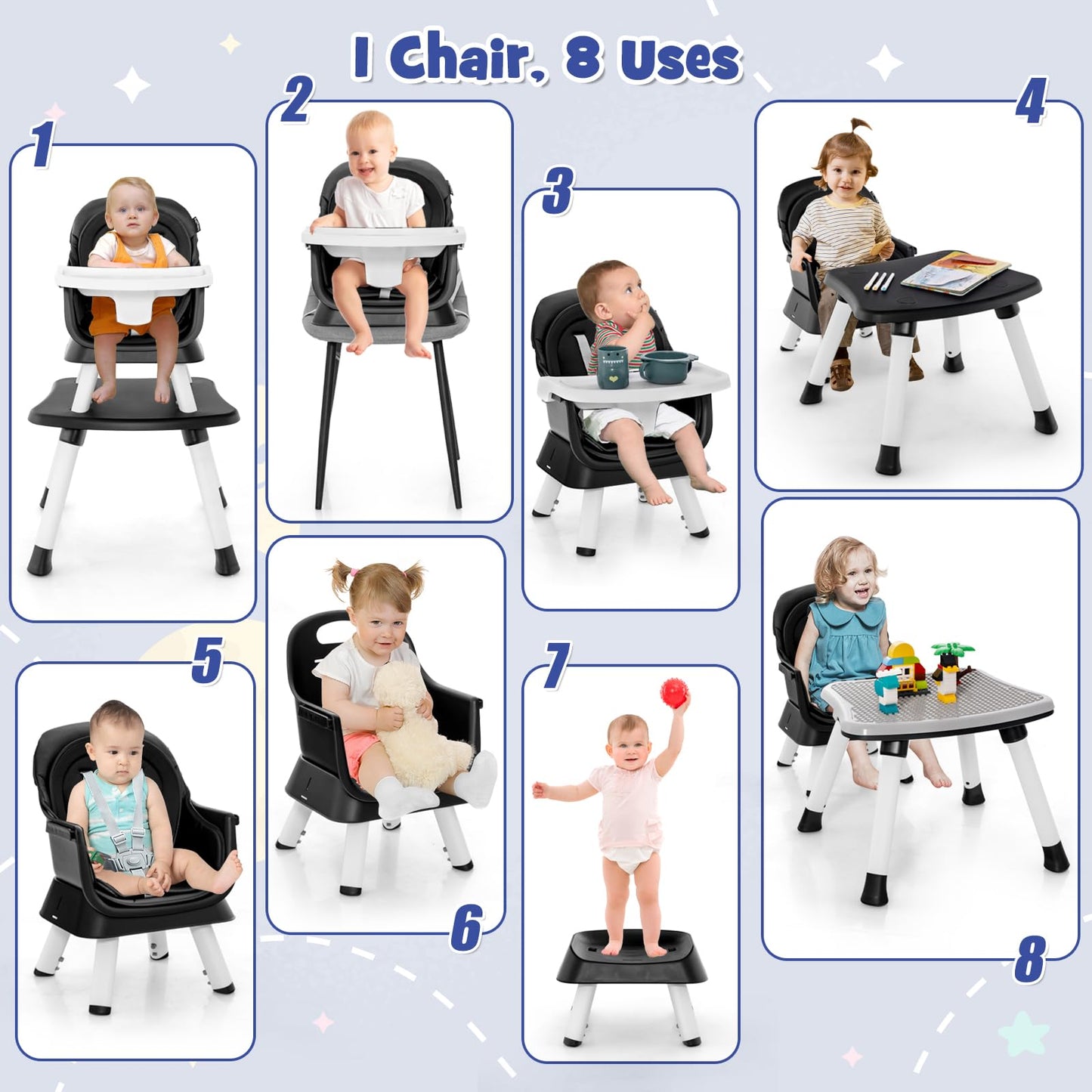 HONEY JOY 8 in 1 Baby High Chair, Convertible Highchair for Babies and Toddlers/Table and Chair Set/Building Block Table/Booster Seat/Stool/Toddler Chair with Safety Harness (Wave Gray)