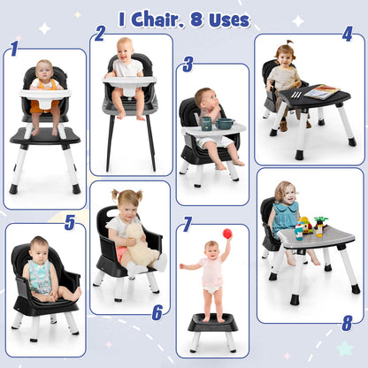 HONEY JOY 8 in 1 Baby High Chair, Convertible Highchair for Babies and Toddlers/Table and Chair Set/Building Block Table/Booster Seat/Stool/Toddler Chair with Safety Harness (Wave Gray)