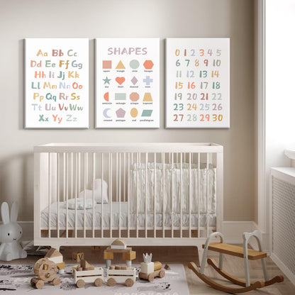 Kids Playroom Wall Art Decor Nursery ABC Alphabet Poster Play Room Canvas Wall Decor Toddler Childrens Educational Artwork Numbers Shapes Prints ABC Picture for Playroom 12x16 Inch Unframed Set of 3