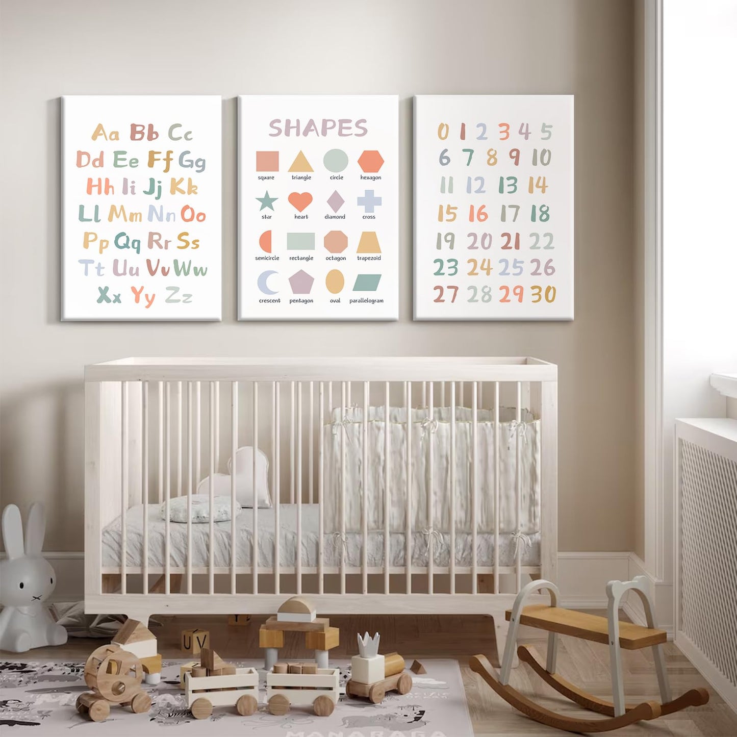 Kids Playroom Wall Art Decor Nursery ABC Alphabet Poster Play Room Canvas Wall Decor Toddler Childrens Educational Artwork Numbers Shapes Prints ABC Picture for Playroom 12x16 Inch Unframed Set of 3