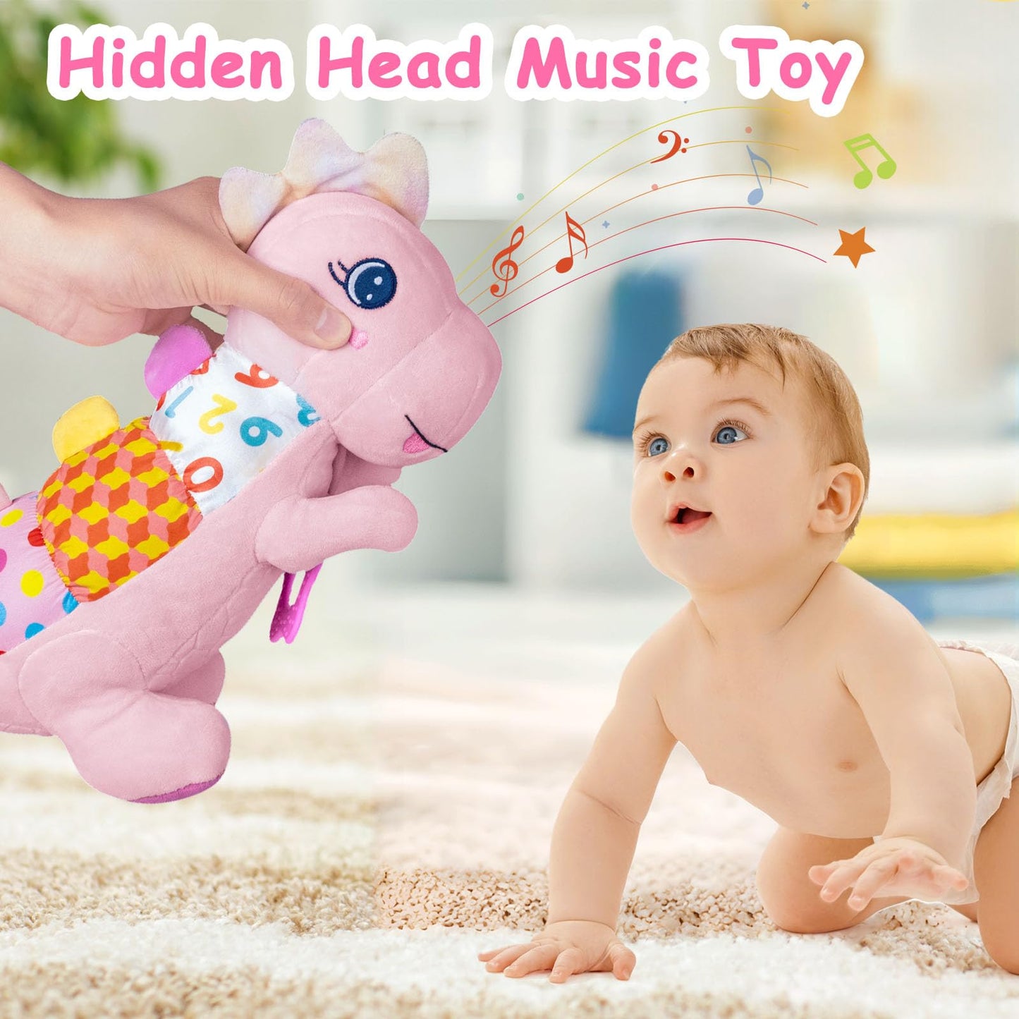 Baby Dino Plush Soft Stuffed Animal Toy for 0-3-6-12+ Months,Infant Musical Toy with Rattle,Squeaker,Sensory Crinkle,Teether & Textures,Tummy Time Toys Christmas Baby Gift for Newborn Girl Boy (Blue)