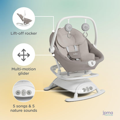 Joie Cinnamon 2-in-1 Glider and Rocker – Multi-Motion Baby Swing and Rocker Combo with Plush Fabrics, Compact Design, and Multiple Recline Positions – Soothing Sounds & Gentle Vibrations (Fern)