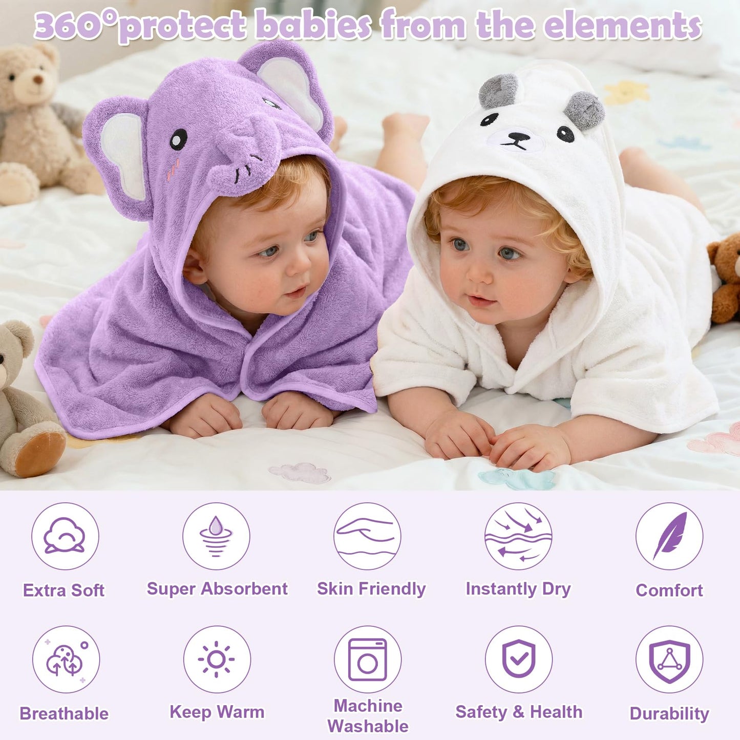12 PCS Baby Bath Towels Set for Infants Toddlers, 4 PCS Animal Hooded Baby Towels & 8 PCS Washcloths Set, Ultra Absorbent Cute Soft Newborn Bath Essentials Gifts for Boys & Girls
