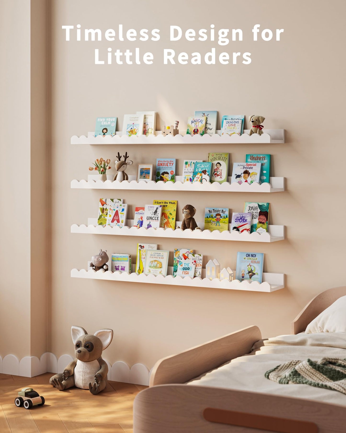 Shario Nursery Book Shelves, 4-Pack White Floating Shelves for Wall Kids, Scalloped Shelves, Wall Book Shelves for Bedroom Kids, Toddler Room, Baby Room, Nursery Decor